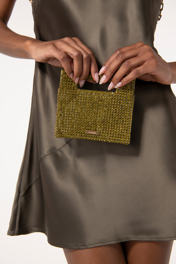 LUCINDA NANO RHINESTONE CLUTCH- OLIVE